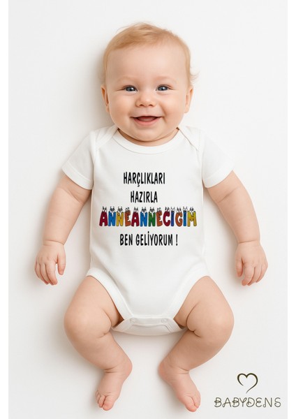 Harçlıkları Hazırla Anneanneciğim Yazılı Çıtçıtlı Bebek Zıbını %100 Pamuk Kısa Kollu Body Tulum