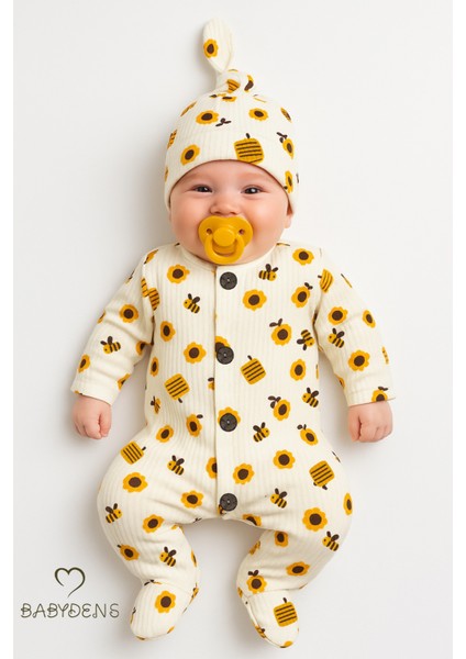Baby Dens Babyden's Arı Desenli Düğmeli Şapkalı Fitilli Ribana Bebek Tulum PAMUK Patikli Uzun Kollu Yenidoğan Tulum