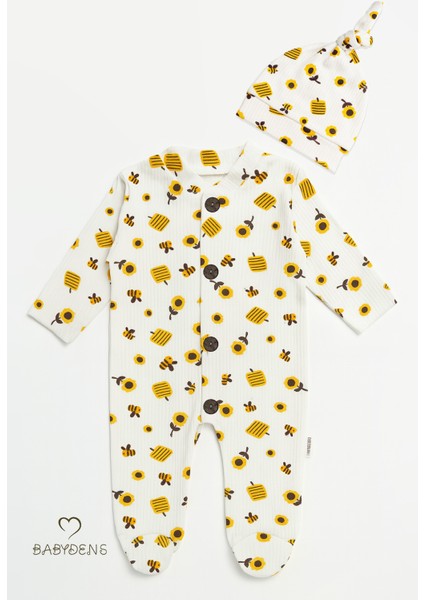 Baby Dens Babyden's Arı Desenli Düğmeli Şapkalı Fitilli Ribana Bebek Tulum PAMUK Patikli Uzun Kollu Yenidoğan Tulum fiyatları