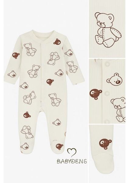 Ayıcık Desenli Ekru Çıtçıtlı Patikli Bebek Tulum Unisex Ribana Uyku Tulum Fitilli %100 Pamuklu fırsatları