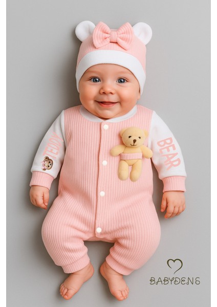 Teddy Bear Temalı Yenidoğan Fitilli Tulum Takımı Ayıcıklı Kız Bebek Tulum Şapka Set Pamuk