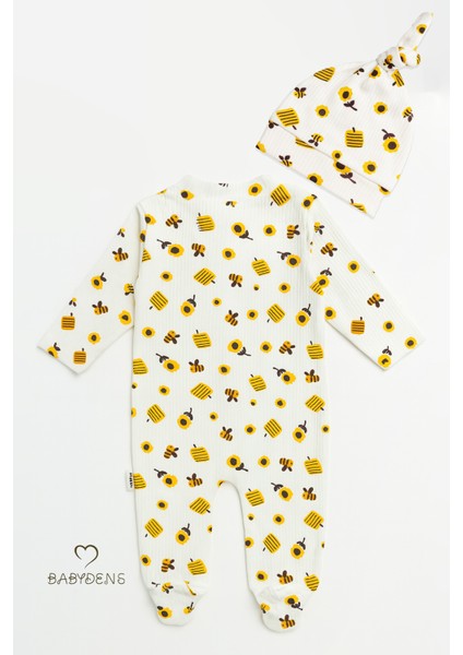 Arı Desenli Düğmeli Şapkalı Fitilli Ribana Bebek Tulum PAMUK Patikli Uzun Kollu Yenidoğan Tulum modelleri