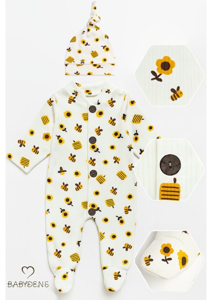 Arı Desenli Düğmeli Şapkalı Fitilli Ribana Bebek Tulum PAMUK Patikli Uzun Kollu Yenidoğan Tulum fırsatları