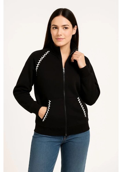 -Kadın Oversize Dik Yaka Fermuarlı Sweatshirt - Zincir Nakışli Kanguru Cepli