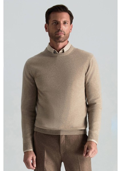 Saf Kaşmir Bisiklet Yaka Camel Kazak