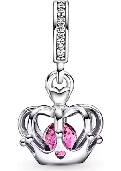 Kırmızı Taşlı Taç Sallantılı Gümüş Charm
