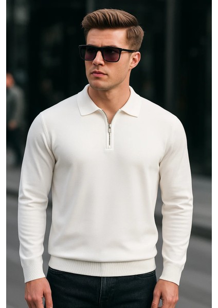 Erkek Yarım Fermuarlı Basic Kışlık Beyaz Sweatshirt fırsatları