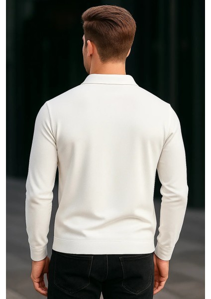 Erkek Yarım Fermuarlı Basic Kışlık Beyaz Sweatshirt indirimleri