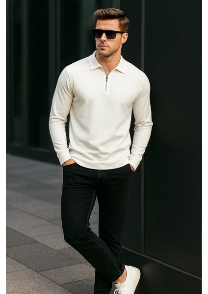 Erkek Yarım Fermuarlı Basic Kışlık Beyaz Sweatshirt