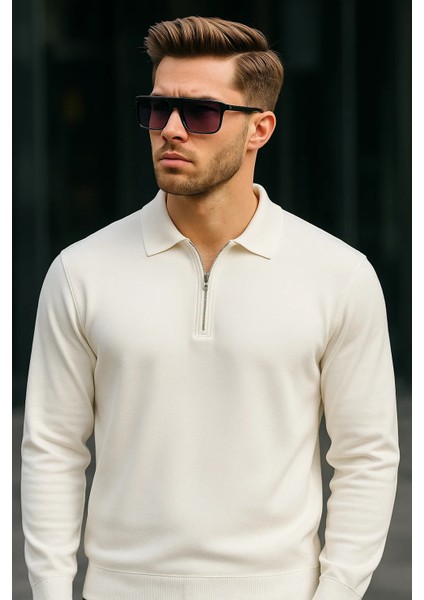 Erkek Yarım Fermuarlı Basic Kışlık Beyaz Sweatshirt