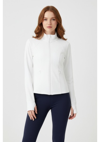 Ekru Fermuarlı Fit Kalıp Spor Sweat 3196