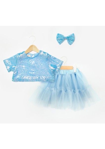 Mavi Üzeri Pul Detaylı Tül Etekli İkili Takım - Freya