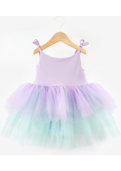 Çok Renkli Lila Tonları Tütü Etekli Askılı Kız Çocuk Balerin Elbise - Jade