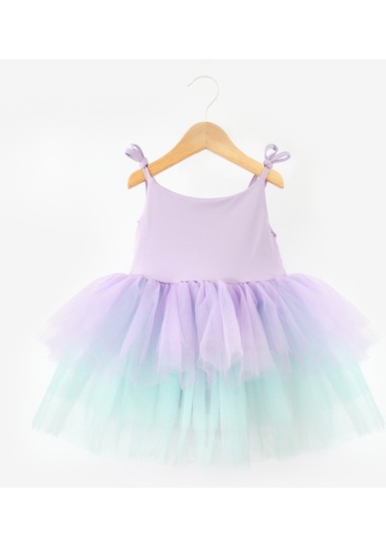 Çok Renkli Lila Tonları Tütü Etekli Askılı Kız Çocuk Balerin Elbise - Jade