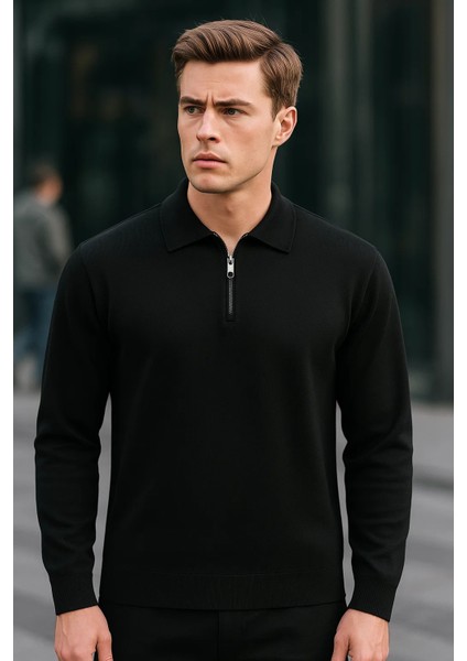 Erkek Yarım Fermuarlı Basic Kışlık Siyah Sweatshirt fırsatları