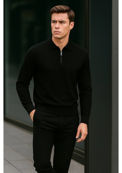 Erkek Yarım Fermuarlı Basic Kışlık Siyah Sweatshirt