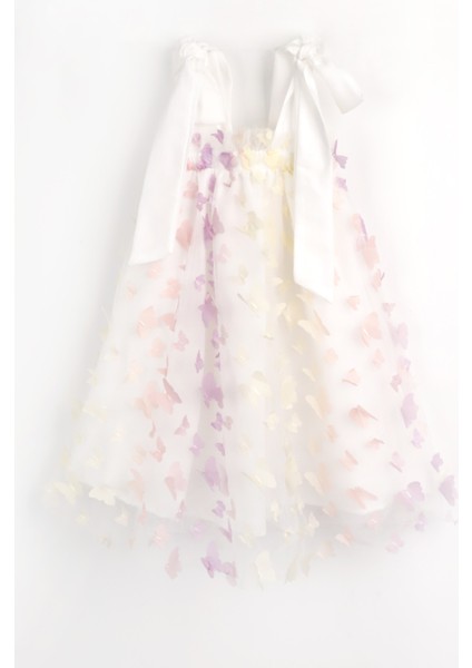 Çok Renkli Omuzdan Bağlamalı Kelebek Aplikeli Kız Çocuk Elbise - Nikki