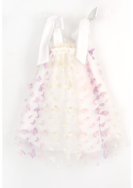 Çok Renkli Omuzdan Bağlamalı Kelebek Aplikeli Kız Çocuk Elbise - Nikki