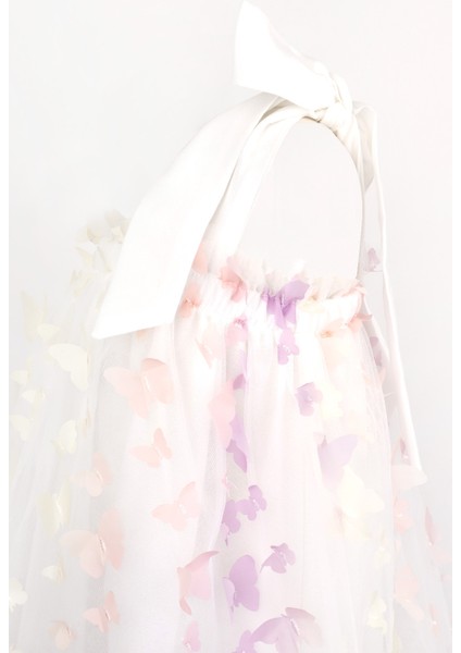 Çok Renkli Omuzdan Bağlamalı Kelebek Aplikeli Kız Çocuk Elbise - Nikki