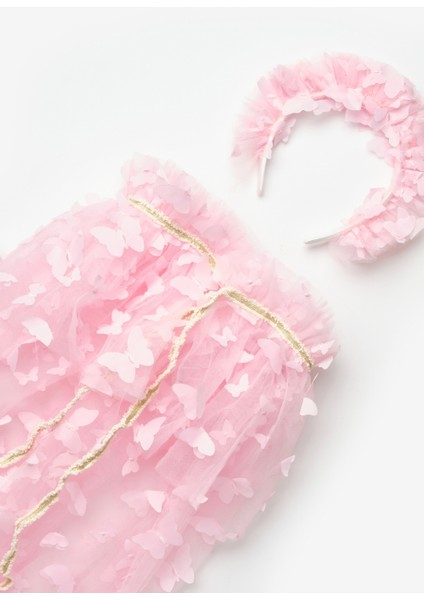 Pembe Kelebek Aplikeli Kız Çocuk Pelerin Asa Taç Set