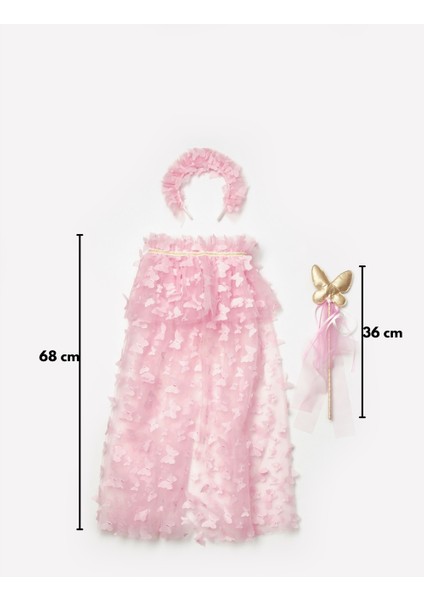Pembe Kelebek Aplikeli Kız Çocuk Pelerin Asa Taç Set