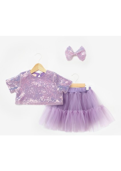 Lila Üzeri Pul Detaylı Tül Etekli İkili Takım - Freya