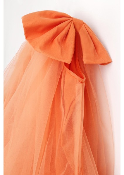 Turuncu Tek Omuzlu Fiyonklu Kız Çocuk Tül Elbise - Orlene