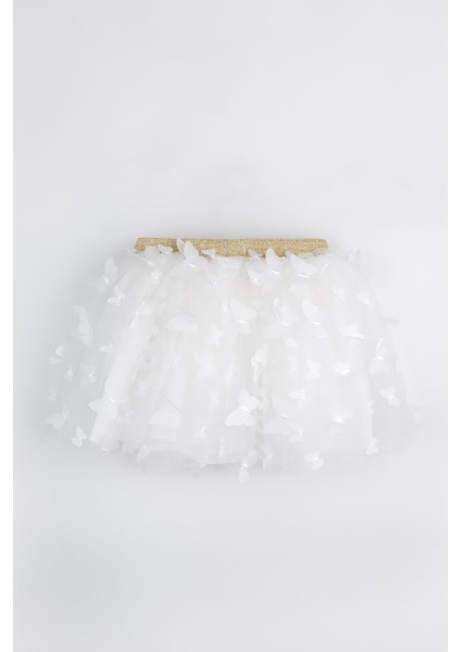 Ekru Kelebek Aplikeli Kız Çocuk Tül Etek - Pauline