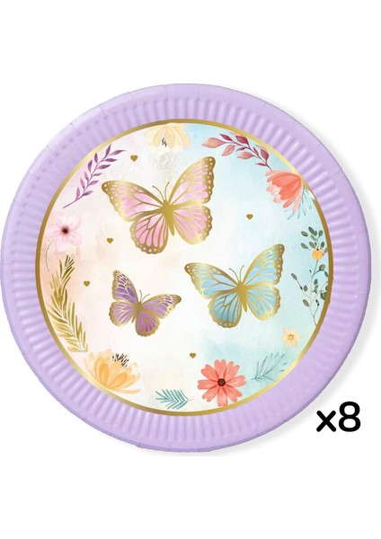 Lila Kelebek Temalı 8'li Bardak Tabak Set