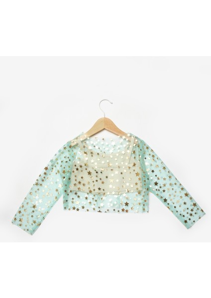 Mint Uzun Kollu Yıldızlı Kız Çocuk Tül Crop