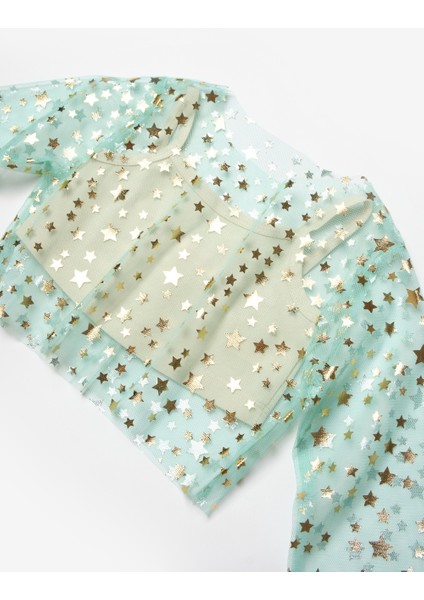 Mint Uzun Kollu Yıldızlı Kız Çocuk Tül Crop