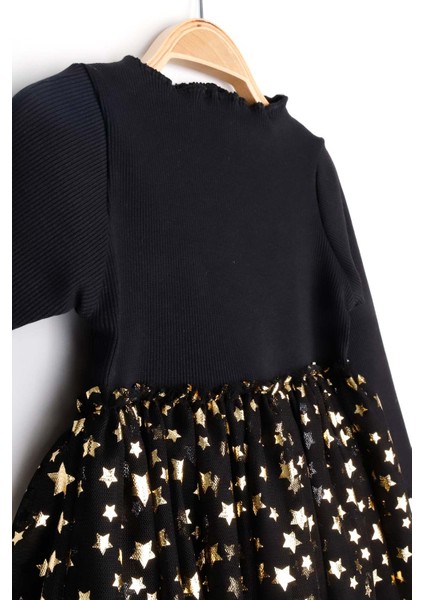 Siyah Yıldız Baskılı Tül Etekli Kız Çocuk Elbise - Karen