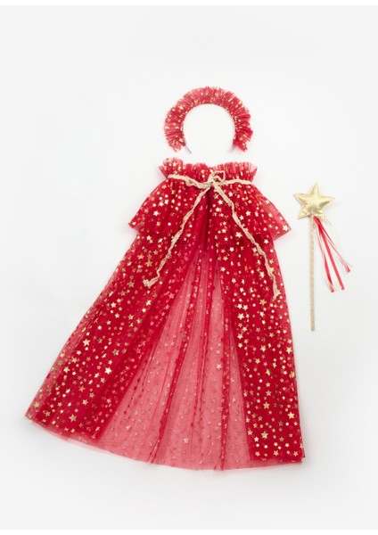 Kırmızı Kız Çocuk Yıldızlı Pelerin Asa ve Taç Set indirimleri