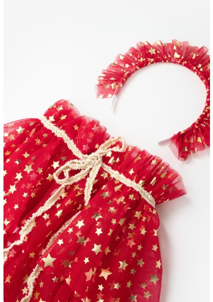 Kırmızı Kız Çocuk Yıldızlı Pelerin Asa ve Taç Set