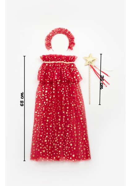Kırmızı Kız Çocuk Yıldızlı Pelerin Asa ve Taç Set
