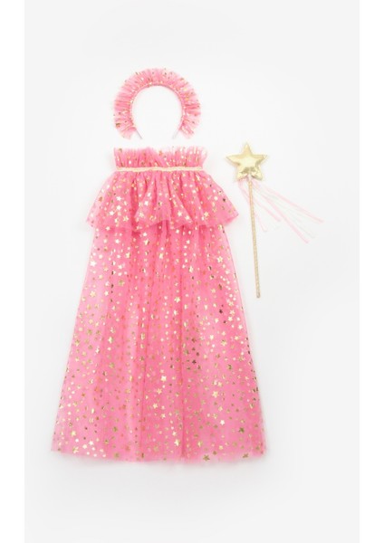 Fuşya Kız Çocuk Yıldızlı Pelerin Asa ve Taç Set