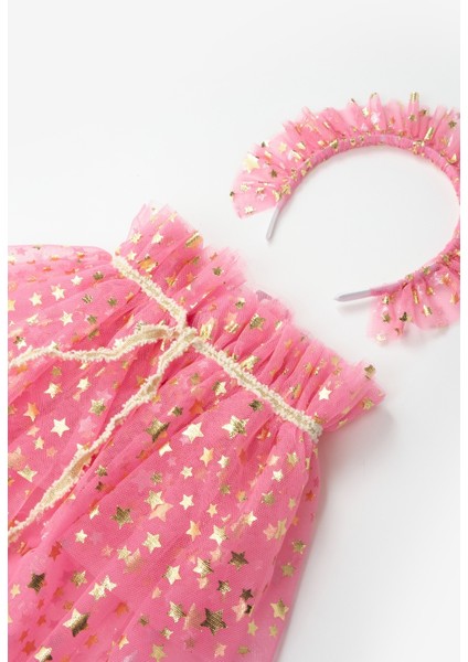 Fuşya Kız Çocuk Yıldızlı Pelerin Asa ve Taç Set