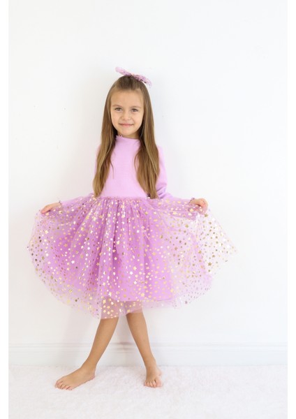 Lila Yıldız Baskılı Tül Etekli Kız Çocuk Elbise - Karen