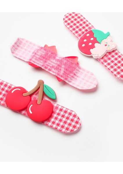 Kırmızı Ekoseli Figürlü 3'lü Kız Çocuk Toka Set