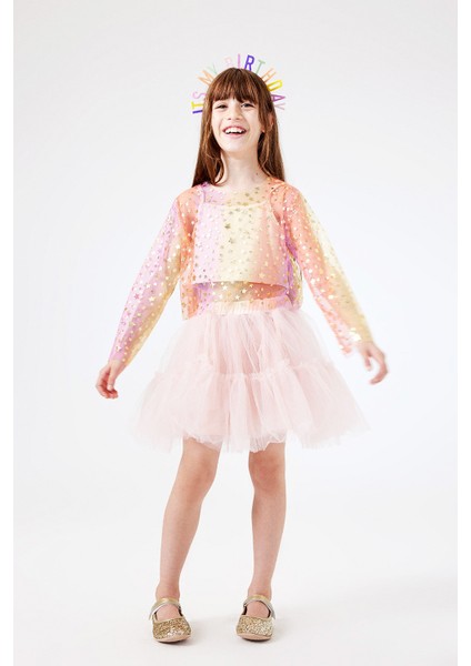 Sarı Uzun Kollu Yıldızlı Kız Çocuk Tül Crop