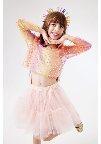 Sarı Uzun Kollu Yıldızlı Kız Çocuk Tül Crop