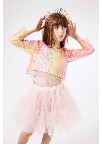 Sarı Uzun Kollu Yıldızlı Kız Çocuk Tül Crop