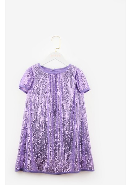 Lila Pul Payetli Kız Çocuk Elbise-Siri