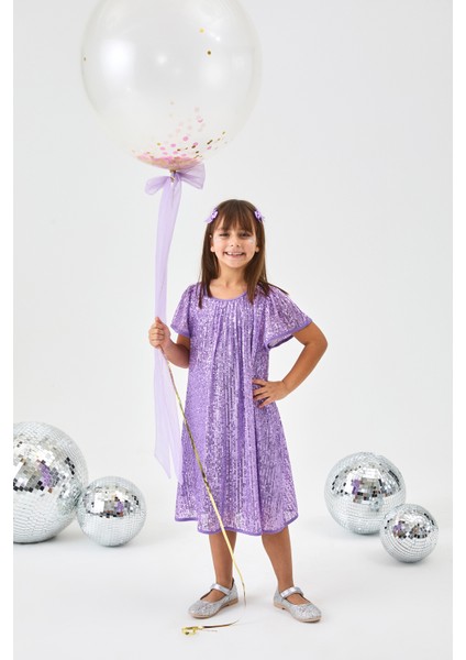 Lila Pul Payetli Kız Çocuk Elbise-Siri