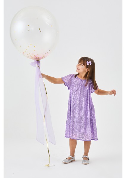 Lila Pul Payetli Kız Çocuk Elbise-Siri