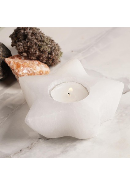 Yıldız Temalı Selenit Doğal Taş Mumluk