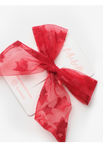 Kırmızı Simli Yıldızlı Tül Kız Çocuk Klips Toka