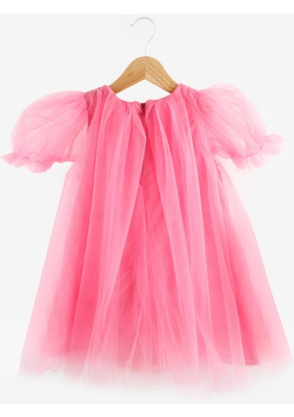 Fuşya Kısa Kollu Eteği Ponponlu Kız Çocuk Elbise - Lavonne