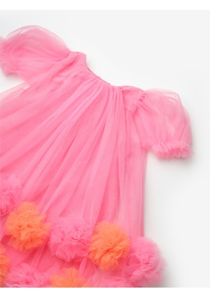 Fuşya Kısa Kollu Eteği Ponponlu Kız Çocuk Elbise - Lavonne