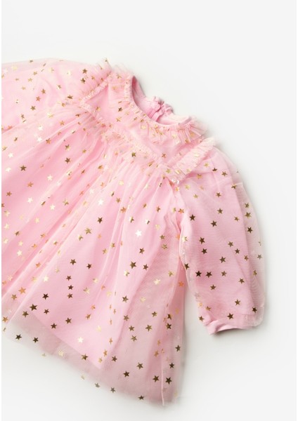 Pembe Yıldız Detaylı Kız Bebek Tül Elbise - Vanessa